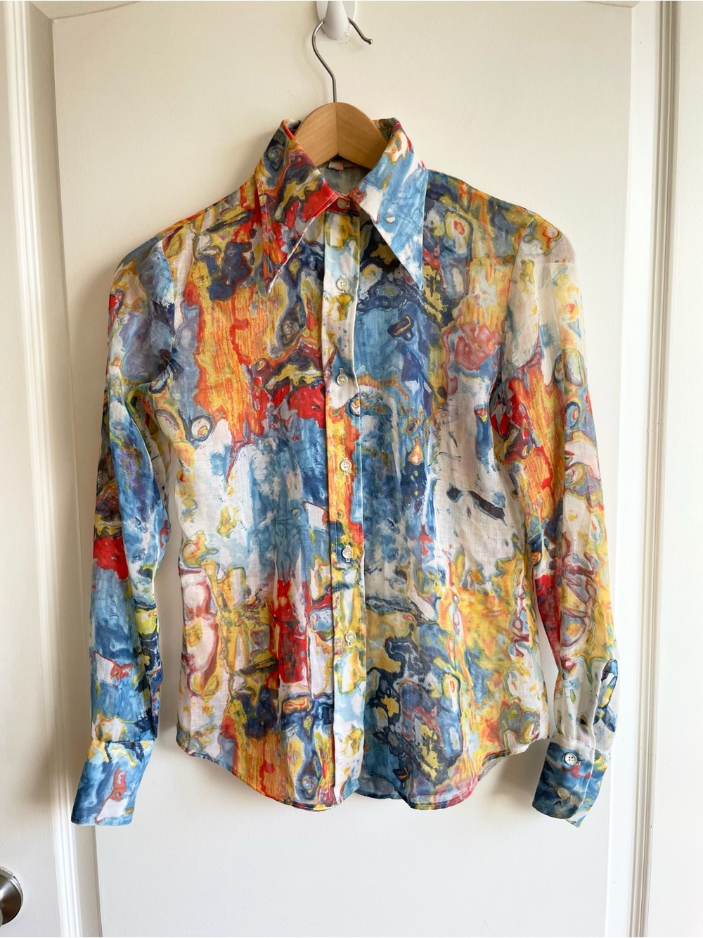 Vintage 1970 Vincent Van Goh Art Style Button Down Size Small Big Point Collar